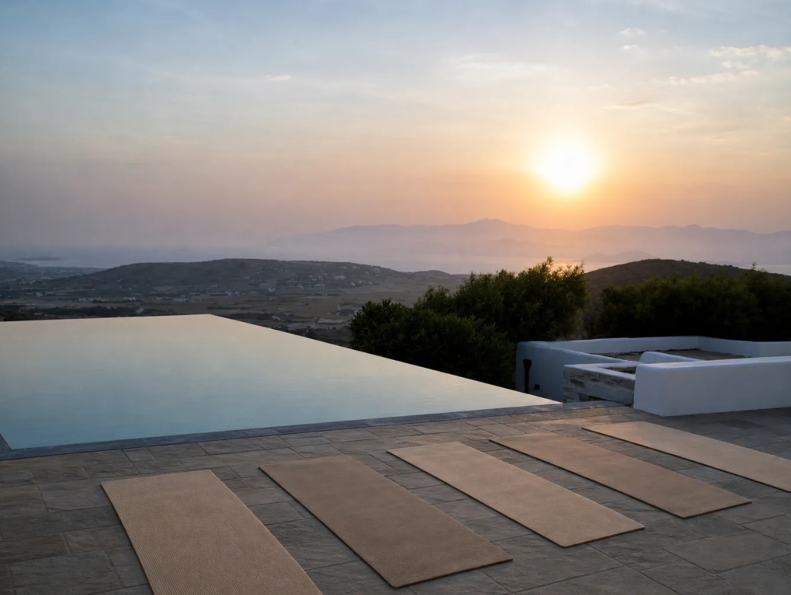 Yoga mats laid out on the terrace beside the infinity pool at sunset, facing Naxos